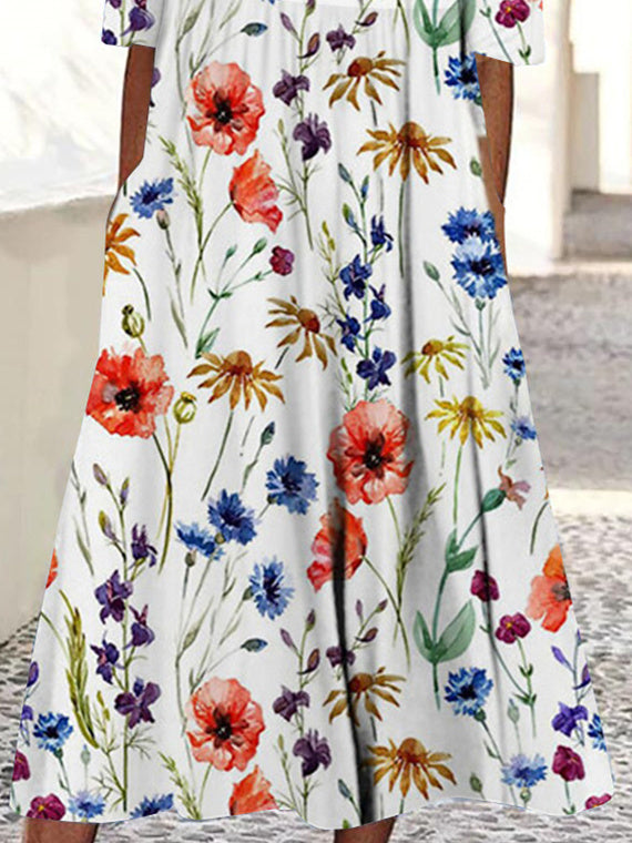 Women's White Scoop Neck Half Sleeve Floral Printed Graphic Midi Dress