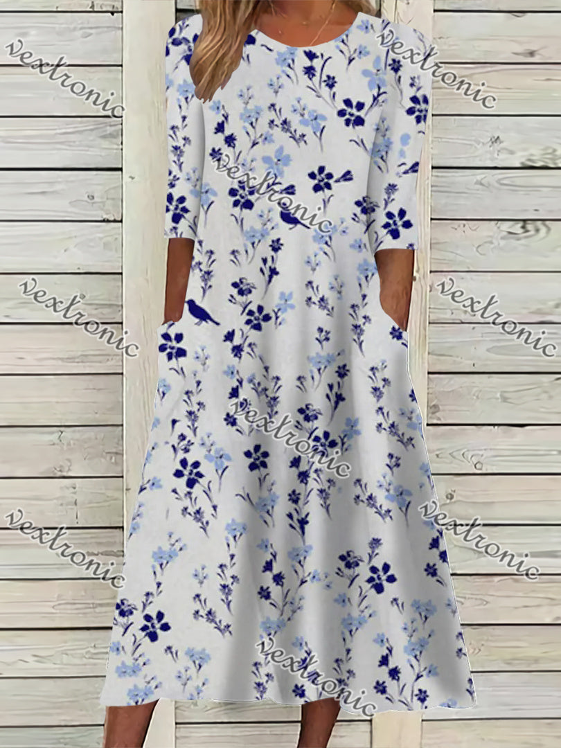 Women's Blue Half Sleeve Scoop Neck  Midi Dress