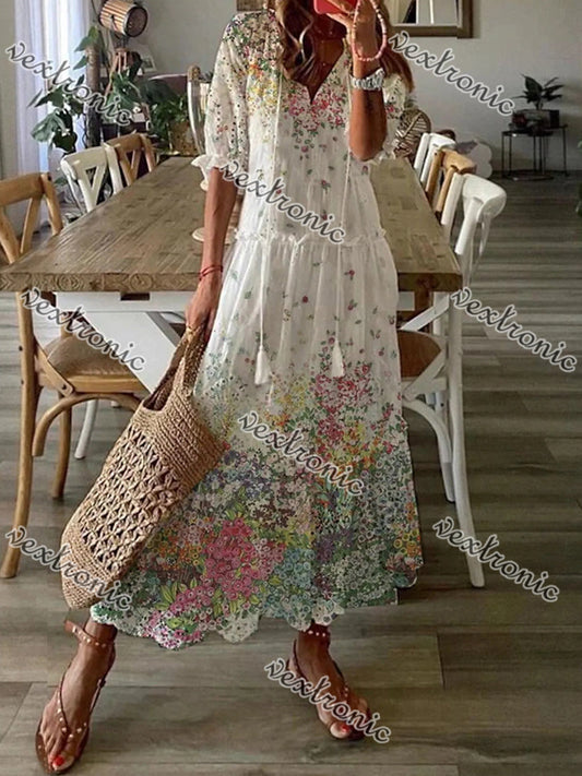 Women's White V-neck Half Sleeve Graphic Floral Printed Midi Dress
