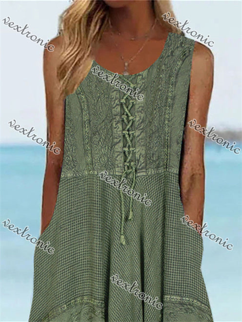 Women's Sleeveless Scoop Neck Pockets Graphic Printed Midi Dress