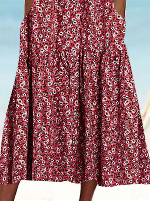Women's Red Sleeveless Scoop Neck Pockets Graphic Floral Printed Midi Dress