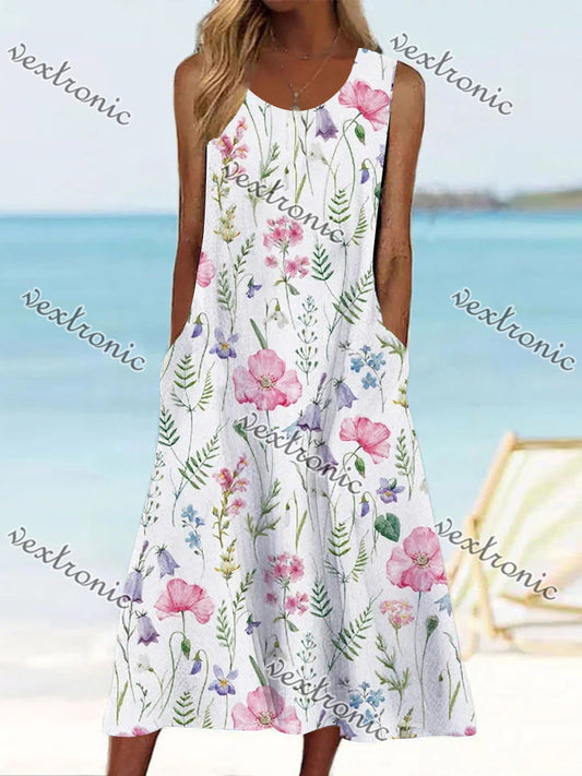 Women's Pink Sleeveless Scoop Neck Pockets Graphic Floral Printed Midi Dress