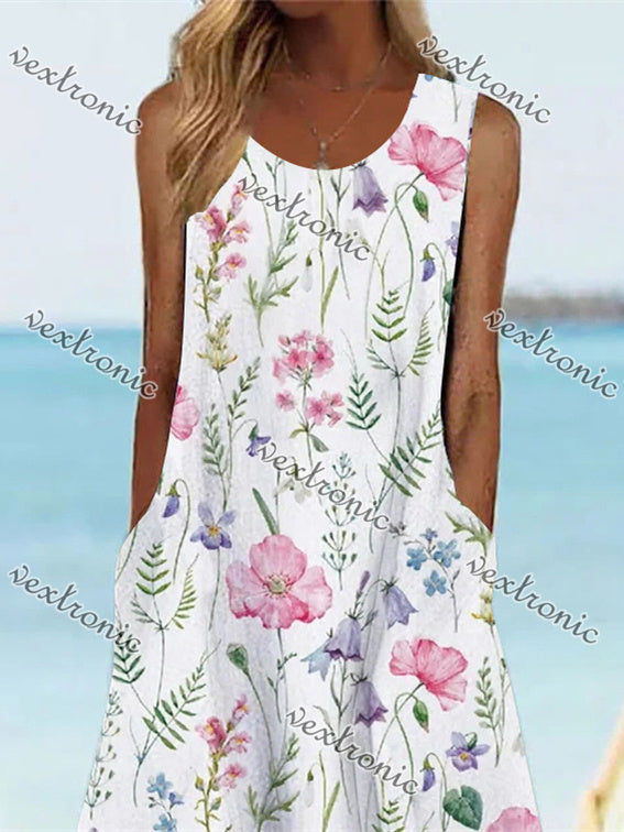 Women's Pink Sleeveless Scoop Neck Pockets Graphic Floral Printed Midi Dress