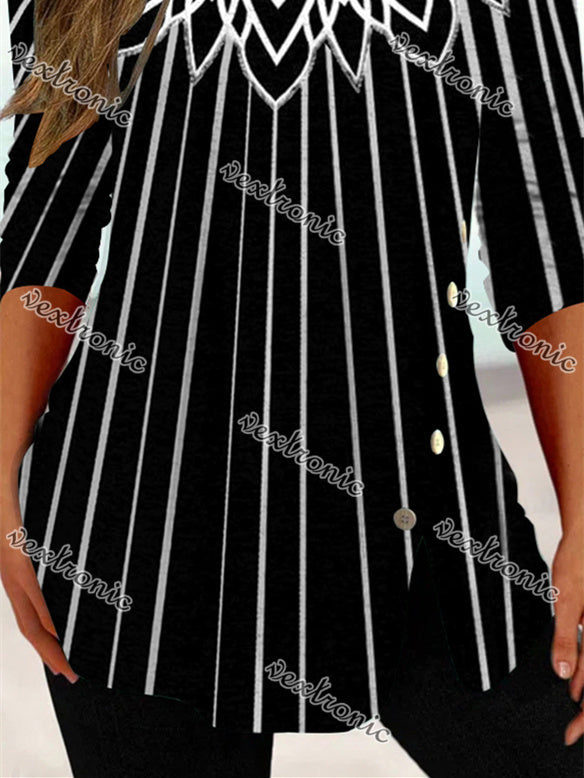 Women 3/4 Sleeve U-neck Graphic Striped Stitching Women Tops