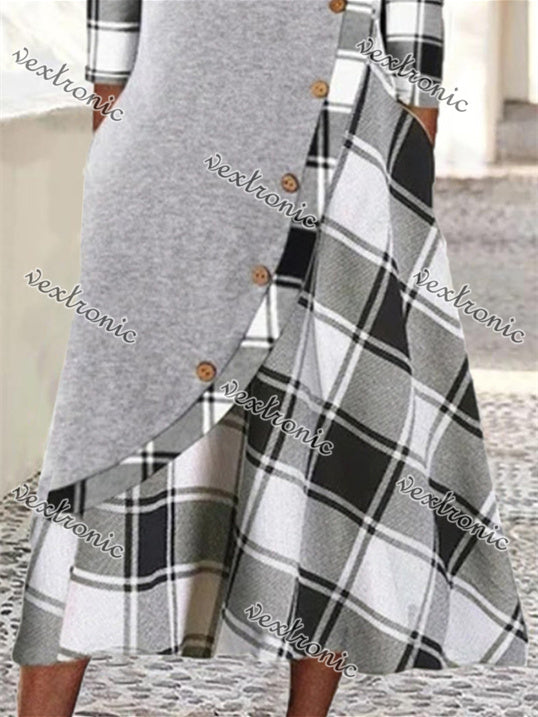 Women's Long Sleeve Scoop Neck Plaid Printed Button Stitching Midi Dress