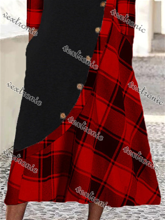 Women's Long Sleeve Scoop Neck Plaid Printed Button Stitching Midi Dress
