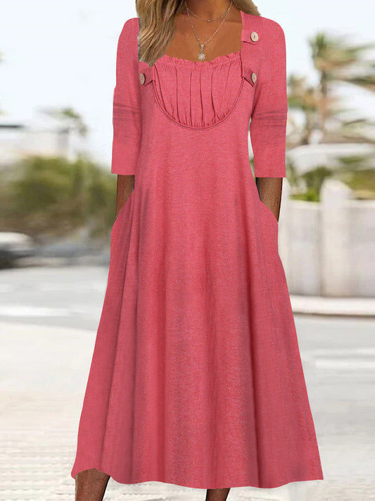 Women's Long Sleeve Square Collar Solid Color Midi Dress