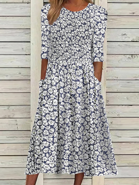 Women Half Sleeve Scoop Neck Floral Printed Pocket Midi Dress