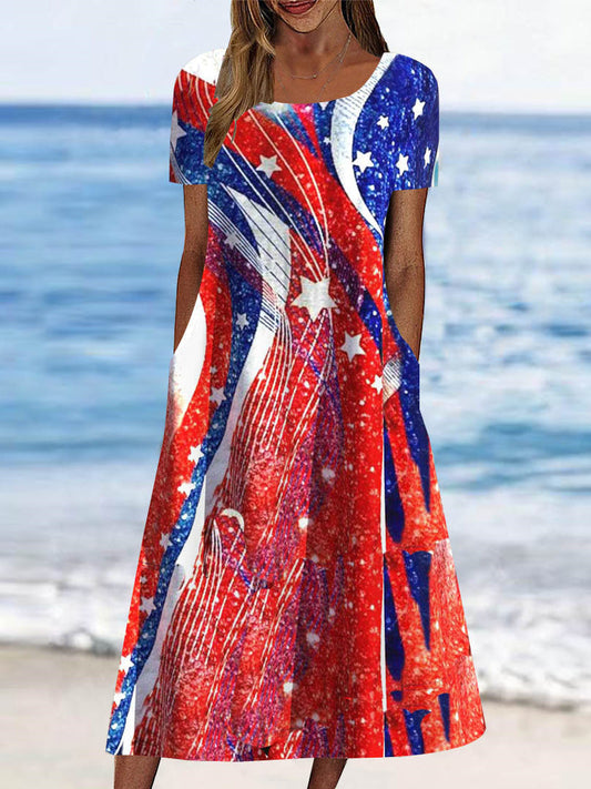 Women's Short Sleeve Scoop Neck Graphic National Flag Pockets Midi Dress