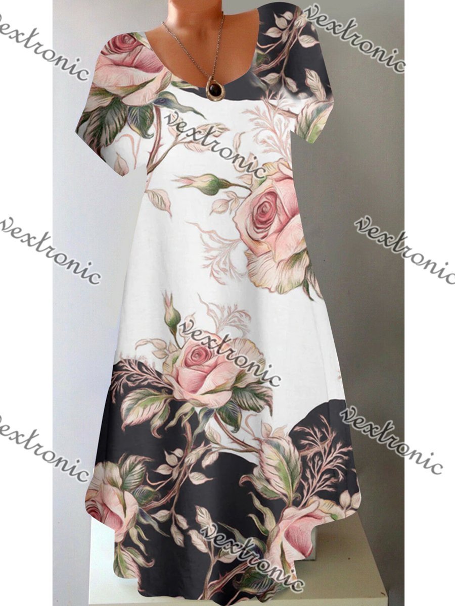 Women Short Sleeve Scoop Neck Floral Printed Midi Dress