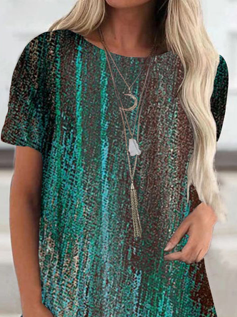 Women Green Color Short Sleeve Scoop Neck Striped Printed Top Blouse