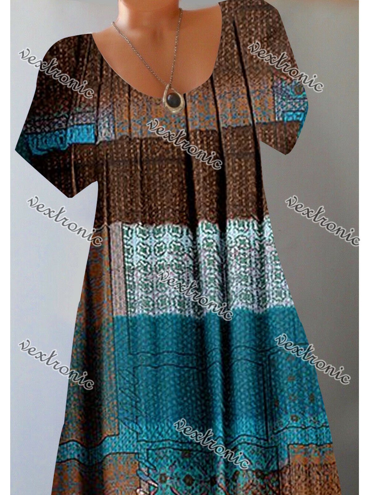 Women's Short Sleeve Scoop Neck Chic Printed Patchwork Midi Dress