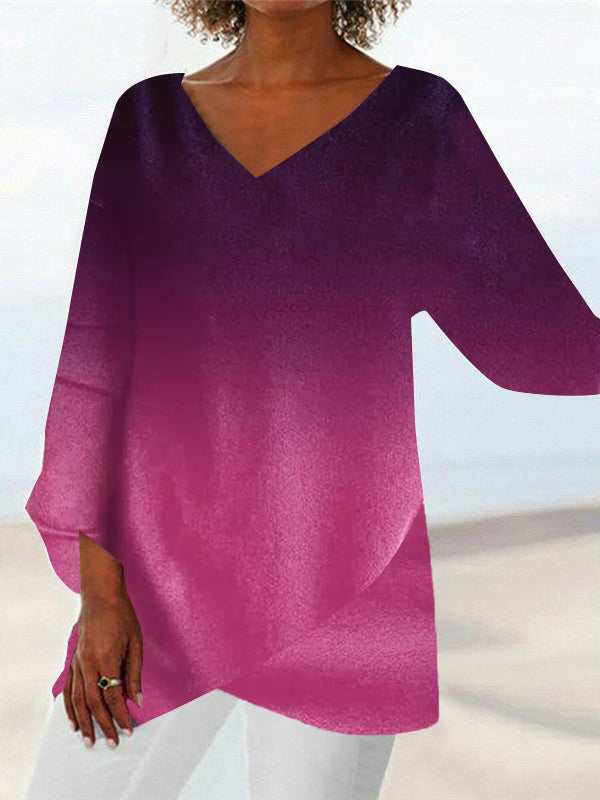 Women Irregular Long Sleeve V-neck Colorblock Gradient Top Dress