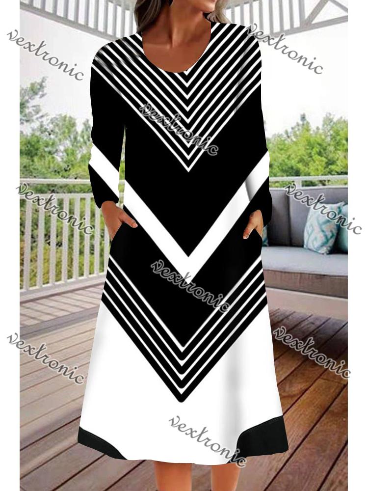 Women Black Long Sleeve Scoop Neck Printed Midi Dress
