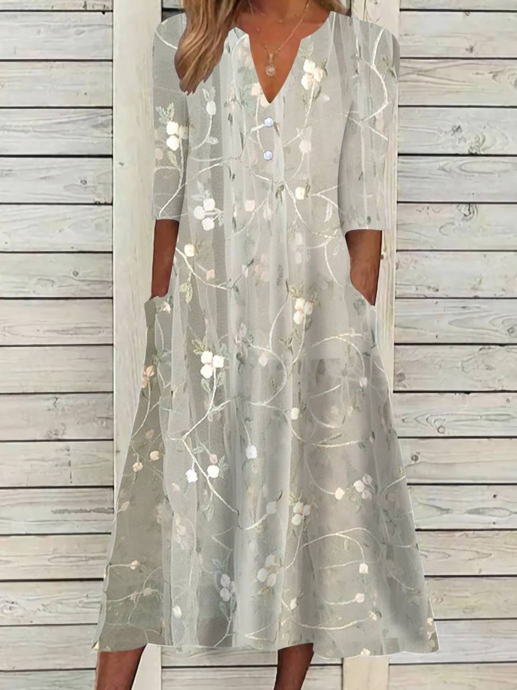 Women's Short Sleeve V-neck White Floral Printed Midi Dress