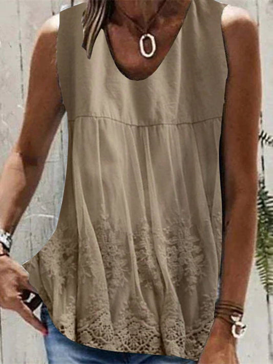 Women's Khaki V-neck Sleeveless Printed Top
