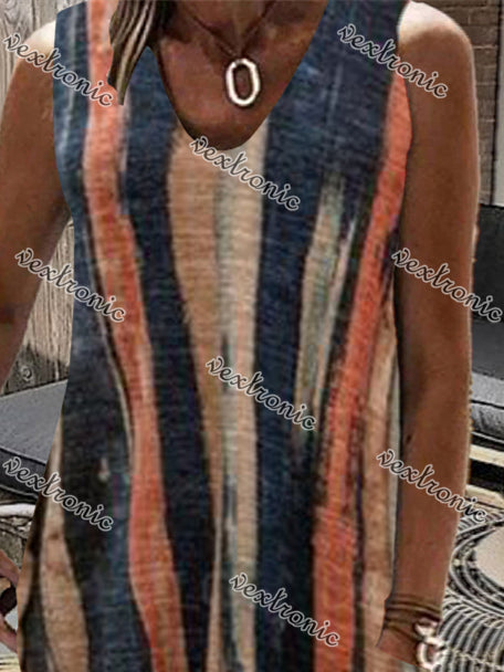 Women's Black V-Neck Sleeveless Striped Midi Dress