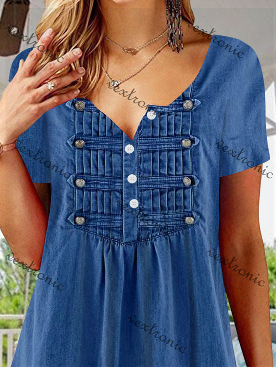 Women's Short Sleeve V-neck Blue Button Top