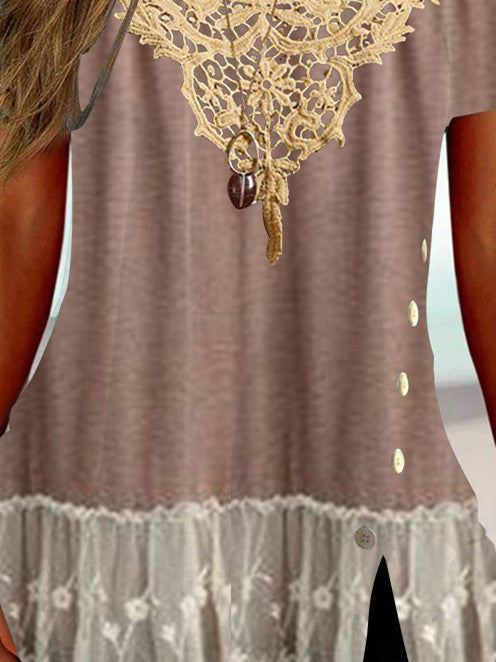 Women Short Sleeve U-neck Floral Printed Lace