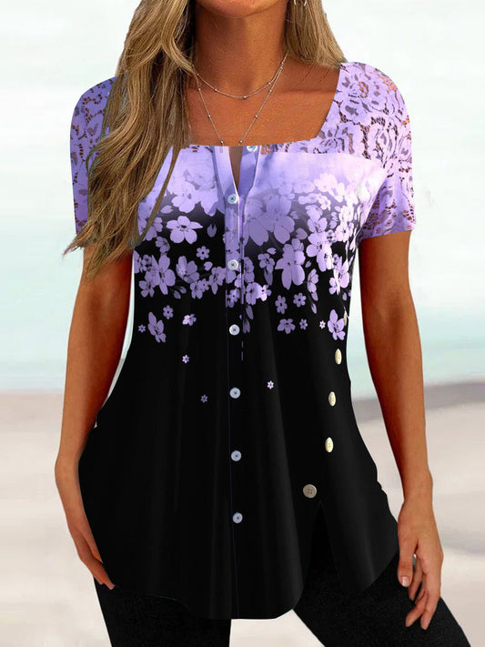 Women Short Sleeve U-neck Floral Printed Lace Tops