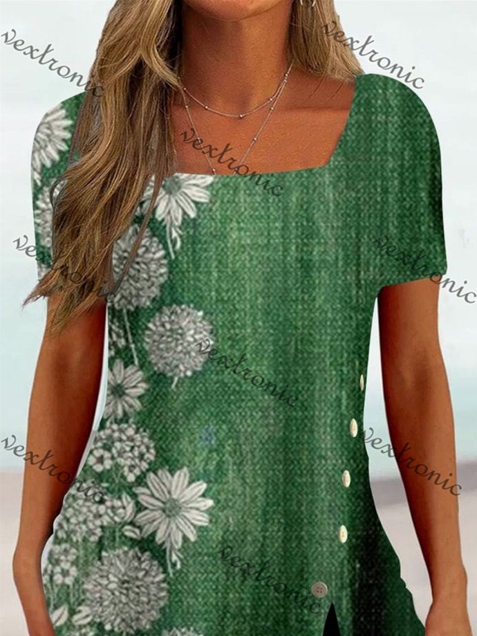 Women's Short Sleeve Square Collar Green Floral Printed Top