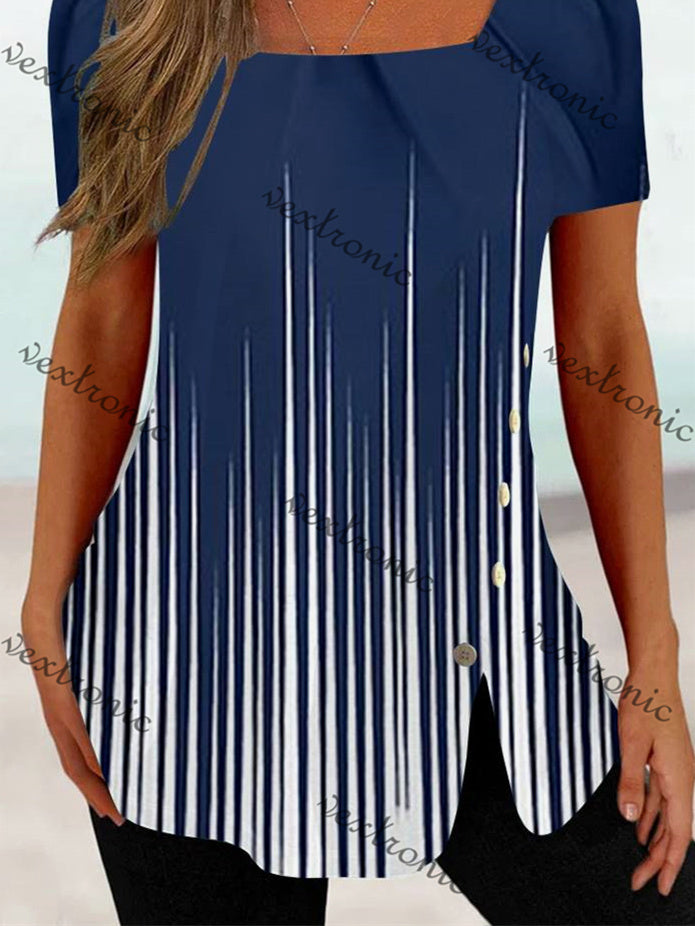 Women's Short Sleeve Square Collar Dark Blue Striped Top