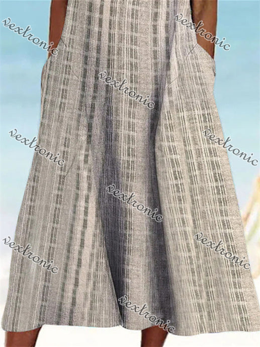 Women's Gray Sleeveless Scoop Neck Pockets Buttons Midi Dress