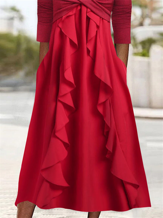 Women's Long Sleeve U-neck Solid Color Midi Dress