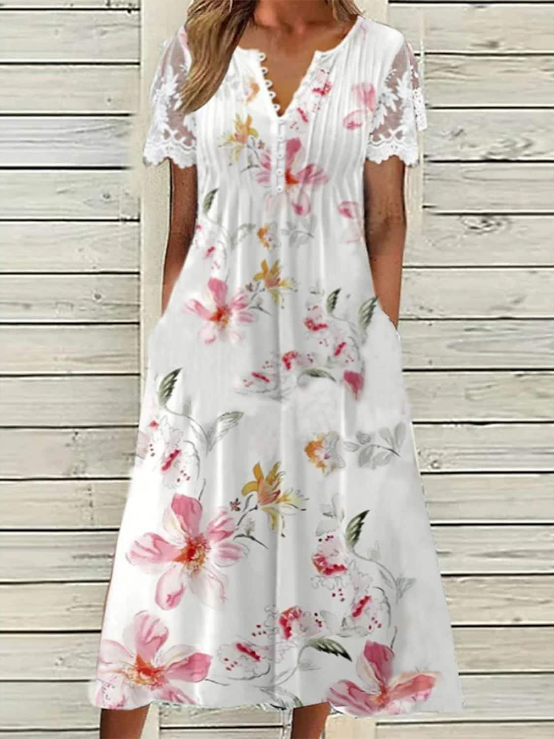 Women's Floral Printed Lace Short Sleeve V-neck Maxi Dress