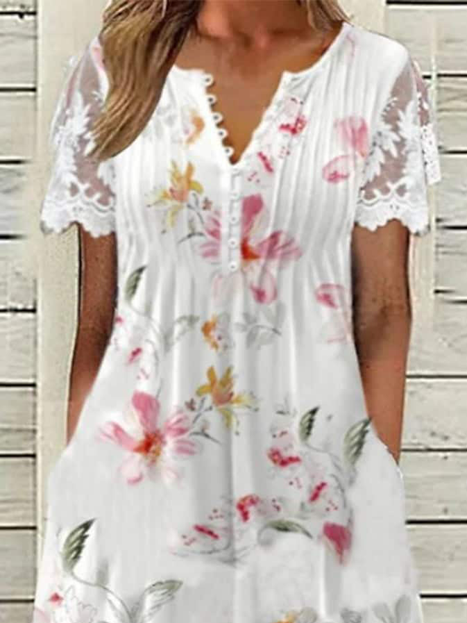 Women's Floral Printed Lace Short Sleeve V-neck Maxi Dress
