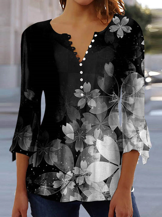 Women's Floral Printed Colorblock 3/4 Sleeve V-neck Top