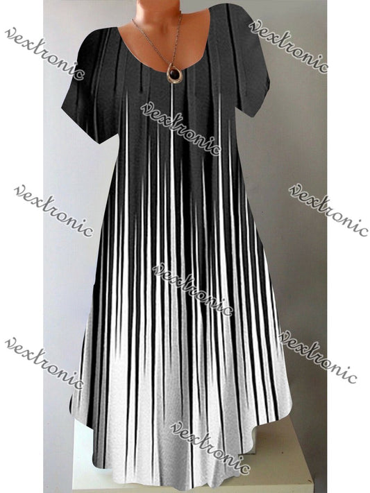 Women's Short Sleeve Scoop Neck Black-white Tie-dye Printed Midi Dress