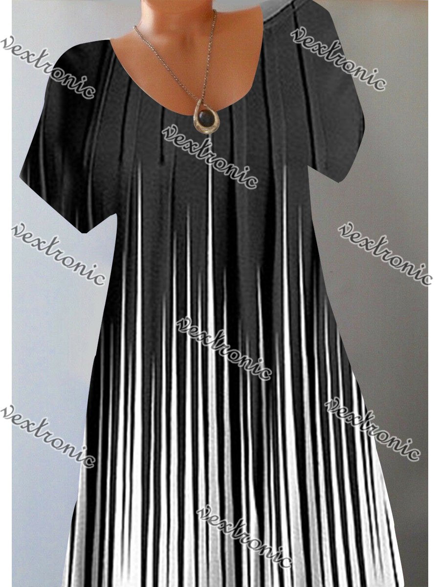 Women's Short Sleeve Scoop Neck Black-white Tie-dye Printed Midi Dress