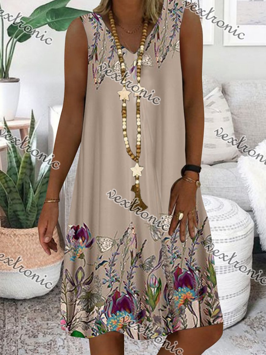 Women Sleeveless V-neck Floral Printed Midi Dress