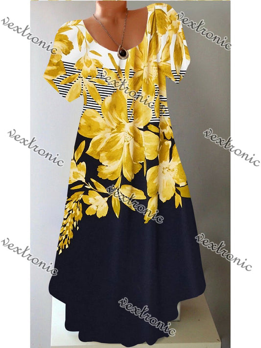 Women Casual Short Sleeve Scoop Neck Floral Printed  Midi Dress