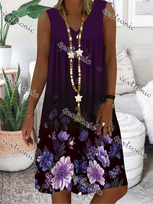 Women Purple Sleeveless V-neck Printed Midi Dress