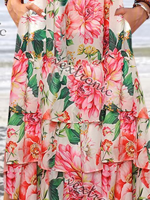 Women Short Sleeve Scoop Neck Floral Printed Pockets Midi Dress