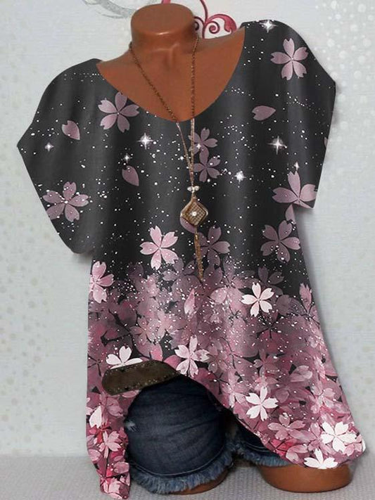Women Short Sleeve Scoop Neck Floral Printed Colorblock Top