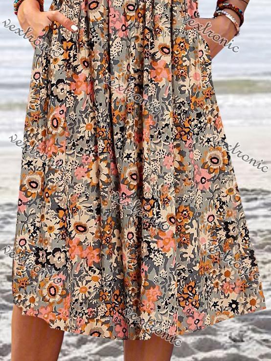 Women Orange Short Sleeve Scoop Neck Floral Printed Pockets Midi Dress