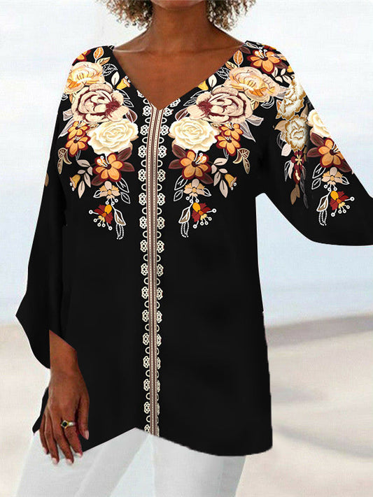 Women Asymmetrical Long Sleeve V-neck Floral Printed Graphic Top Dress