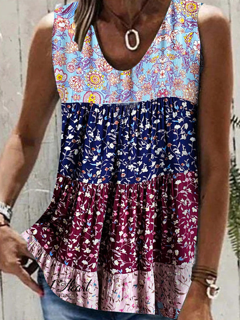 Women Sleeveless V-neck Floral Printed Colorblock Top