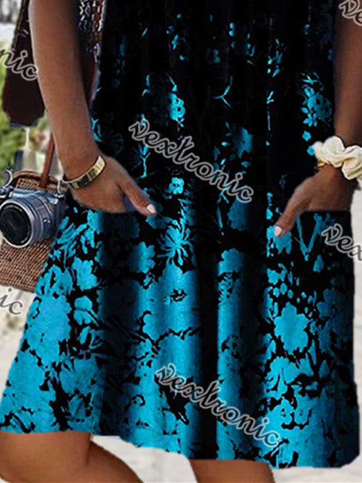 Women Short Sleeve U-neck Floral Printed Graphic Pockets Midi Dress
