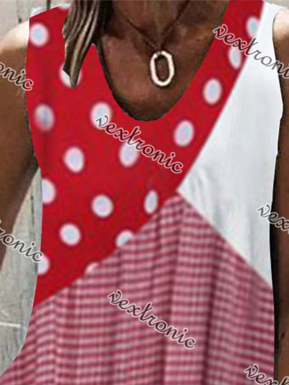 Women Sleeveless V-neck Striped Polka Dot Top