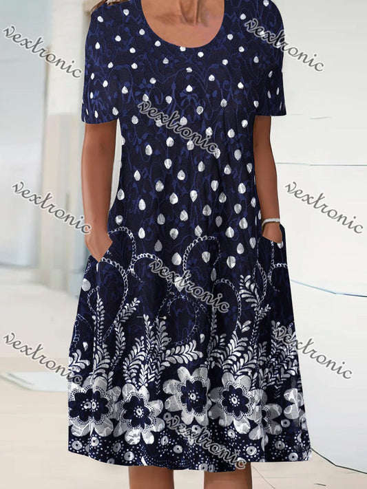 Women's Short Sleeve Scoop Neck Floral Printed Polka Dot Midi Dress