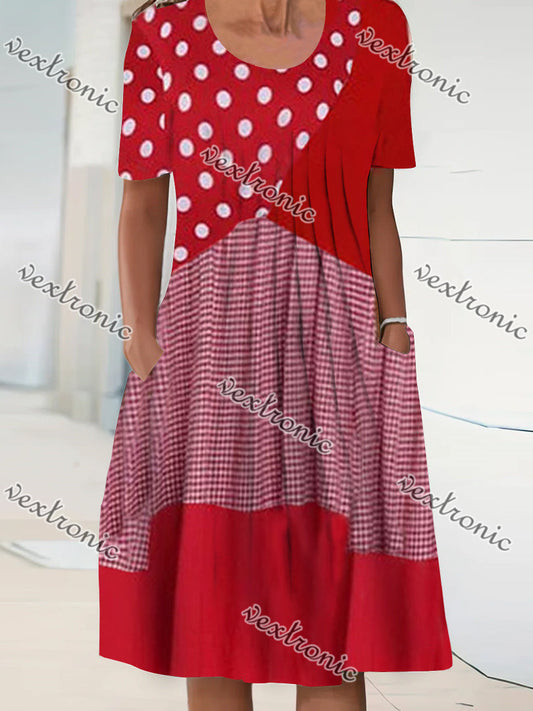 Women's Short Sleeve Scoop Neck Striped Polka Dot Midi Dress