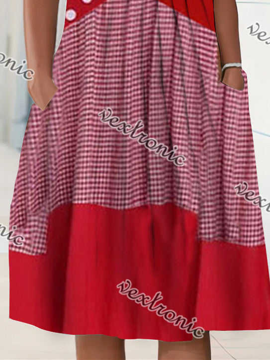 Women's Short Sleeve Scoop Neck Striped Polka Dot Midi Dress