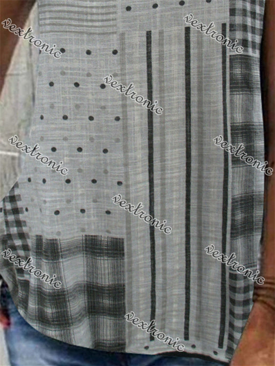 Women's Gray V-neck Sleeveless Striped Polka Dot Top