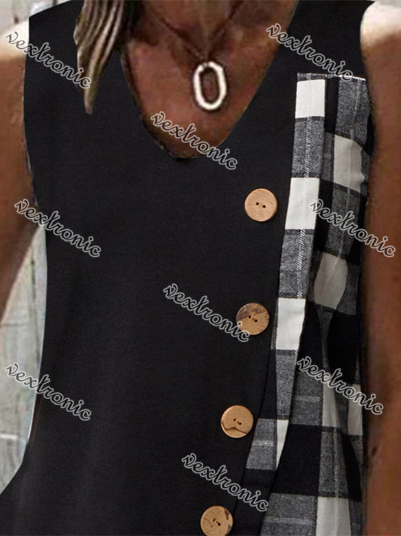 Women's Black V-neck Sleeveless Stitching Top