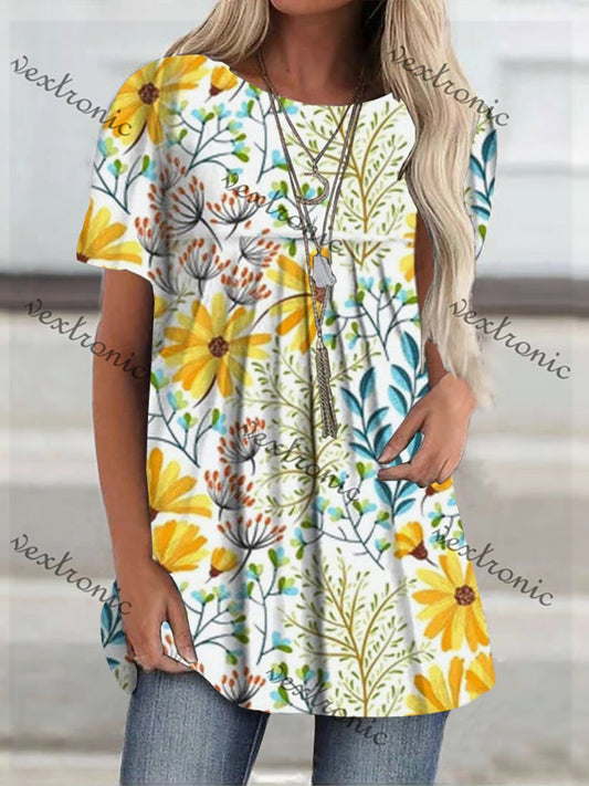 Women's Short Sleeve Scoop Neck Yellow Floral Printed Top