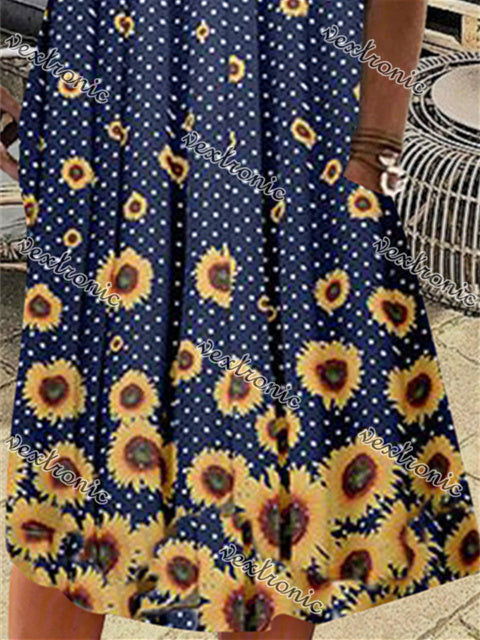 Women's Blue V-Neck Sleeveless Floral Printed Polka Dot Midi Dress